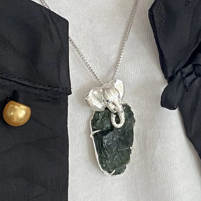 Elephant Totem Brooch Pendant | Natural Green Tourmaline & 925 Silver | Spiritual Animal Amulet Gift for Him & Her
