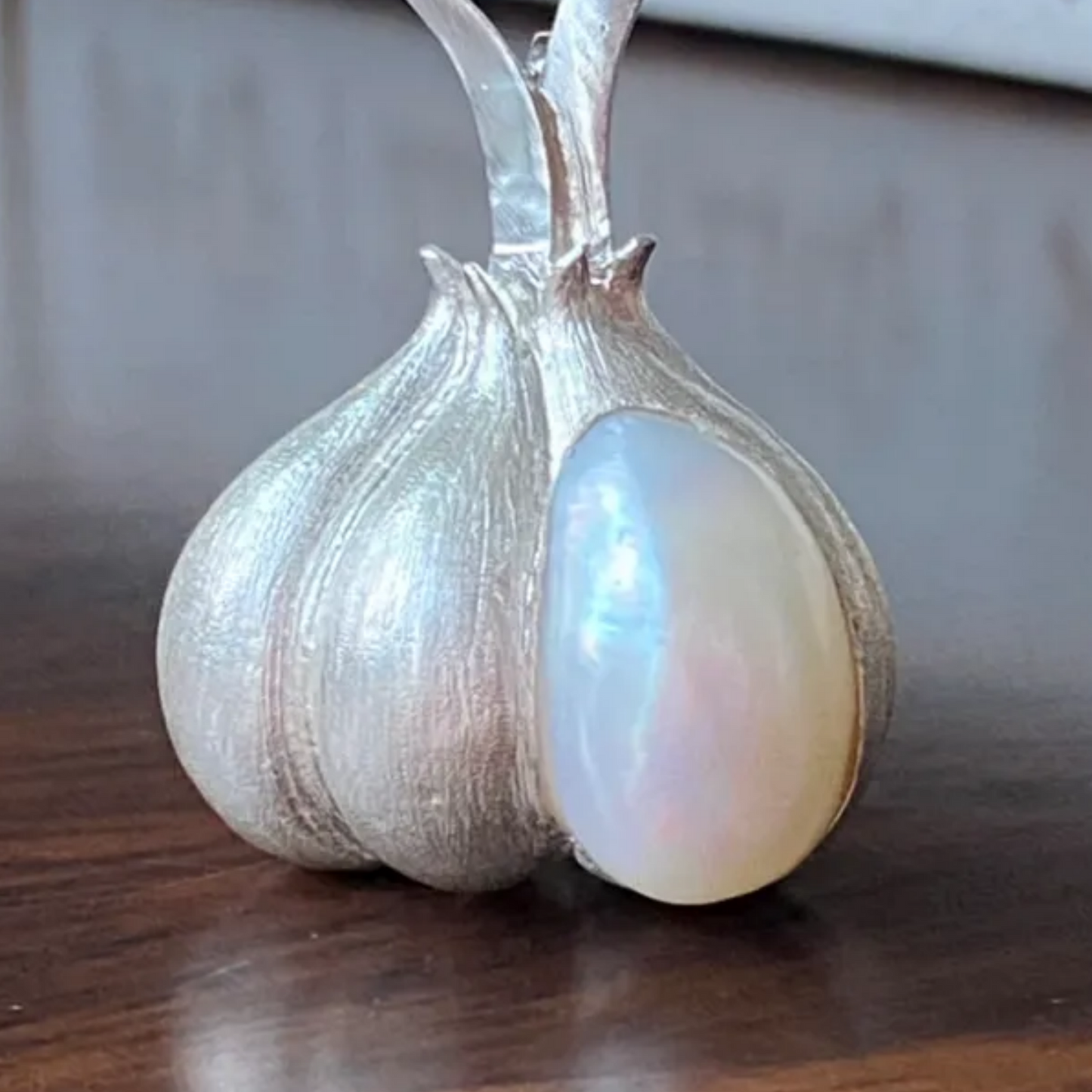 925 Silver Garlic Brooch Pendant | Freshwater Pearl Amulet | Handmade Protection Jewelry | Funny Gift for Friends & Collectors