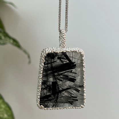 Natural Rutile Quartz Pendant | 925 Silver Tourmalinated Necklace | Raw Crystal Healing Jewelry Gift for Her or Him