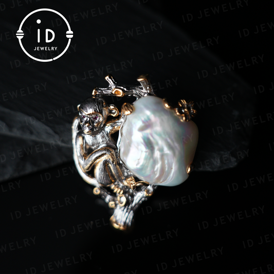 Affenbrosche Anhänger | Handgefertigter Barockperlenschmuck | Künstlerisches Tierdesign | Vergoldetes Silber 