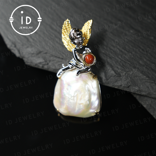 Handgefertigter Engelsanhänger | Barockperlenschmuck mit Karneol | Amulettgeschenk | Fantasy-Kunstschmuck 