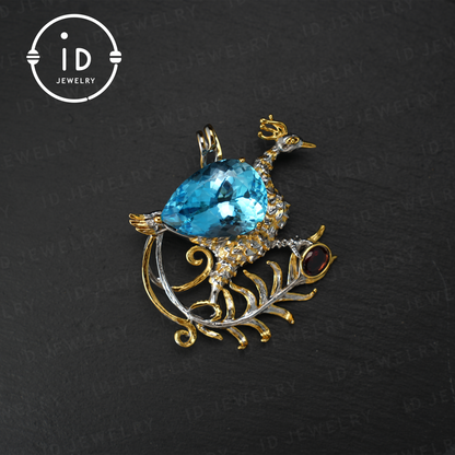 Handgefertigter Pfauenbroschen-Anhänger | Natürlicher Topas-Schmuck | Luxuriöses Tierdesign | Vergoldeter Vintage-Anhänger 