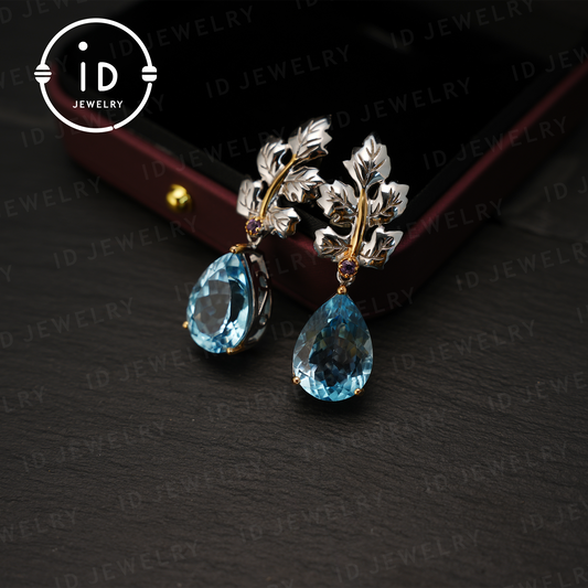 Handmade Blue Topaz Earrings | Nature-Inspired Leaf Earrings | Vintage Style | 18K Gold Plated| Elegant Jewelry| Gift for Her
