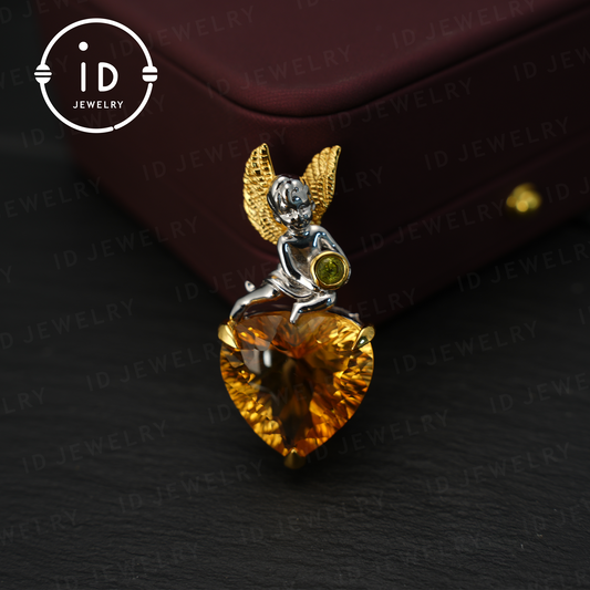 Engel Citrin Anhänger, Herzförmiger gelber Edelstein, 925 Silber Schmuck, handgemachtes Geschenk für Frauen, Geburtstagsgeschenk, Schutzengel Schmuck 