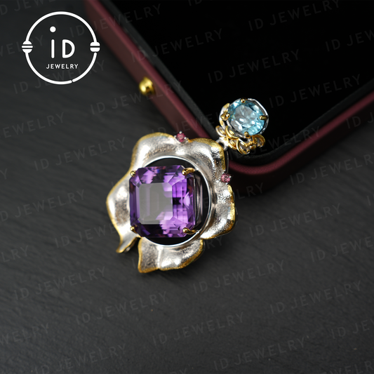 Handgefertigter Amethyst-Blumenanhänger, Vintage-Stil, großer Edelsteinanhänger, einzigartiges Design 