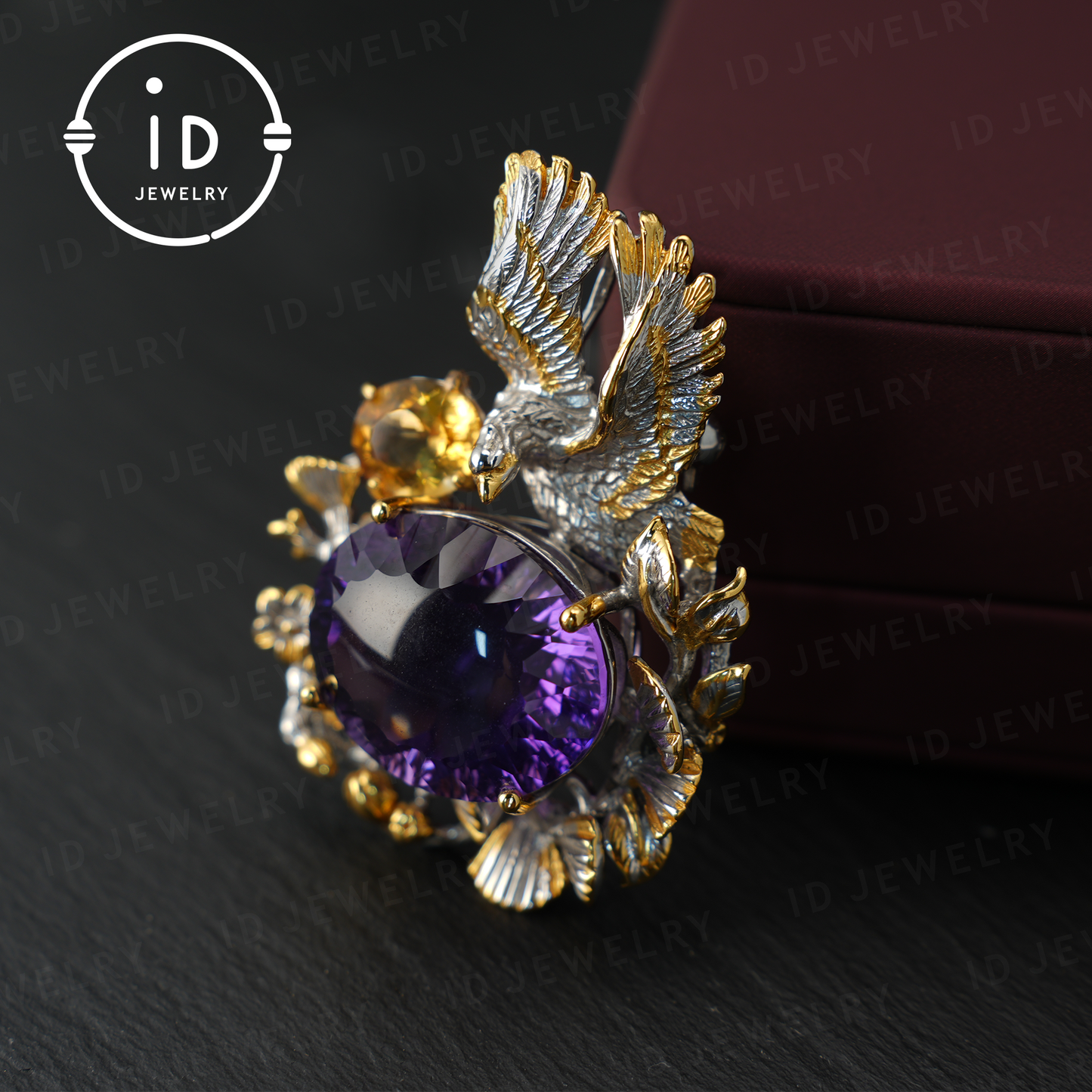 Handgefertigter Amethyst-Anhänger und Brosche | Vintage-Vogel-Design | Von der Natur inspirierter Schmuck | K-vergoldet | Edelstein-Statement-Stück 