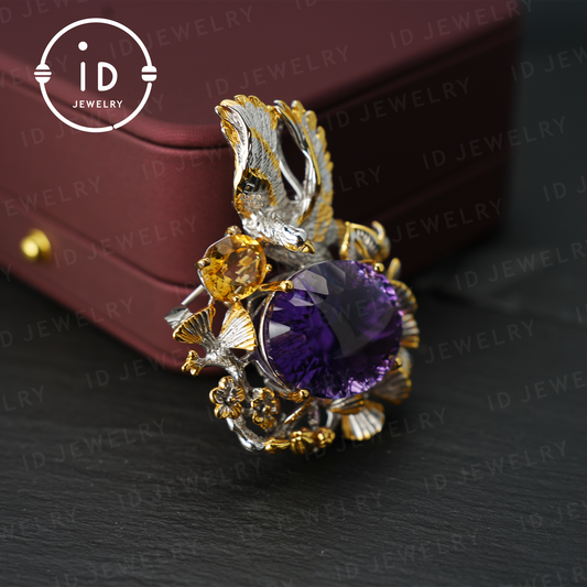Handgefertigter Amethyst-Anhänger und Brosche | Vintage-Vogel-Design | Von der Natur inspirierter Schmuck | K-vergoldet | Edelstein-Statement-Stück 