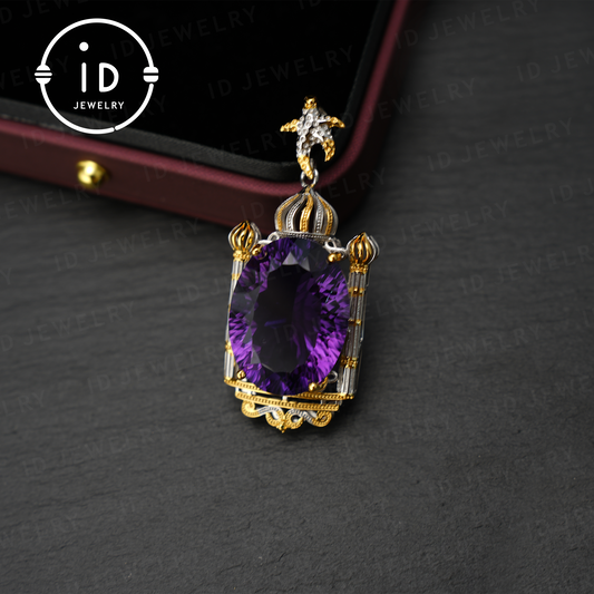 Luxuriöser Amethyst Anhänger, Barock Stil, handgefertigter Schmuck, vergoldeter Edelstein Anhänger, Geschenk für Frauen 