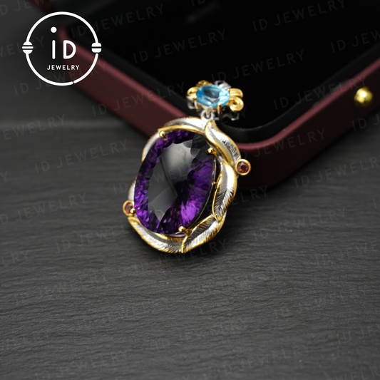 Amethyst Herz Anhänger, Luxus Edelstein Schmuck, Vintage Stil Amethyst Anhänger, K vergoldet, Statement Halskette, Geschenk für Frauen 
