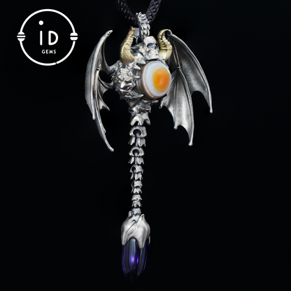 Gothic Totem Pendant | Amethyst Drop & Opal Eye | Handmade 925 Silver & Brass Necklace for Him
