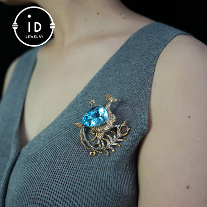 Handgefertigter Pfauenbroschen-Anhänger | Natürlicher Topas-Schmuck | Luxuriöses Tierdesign | Vergoldeter Vintage-Anhänger 