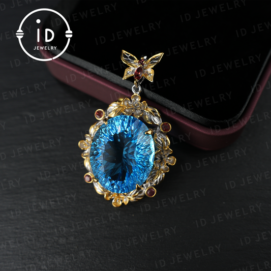 Mystischer Blautopas-Anhänger | Handgefertigter Schmuck | Barockstil | 18 Karat vergoldetes Silber | Luxuriöser Statement-Anhänger | Fantasie-Geschenk | Edelsteinschmuck 
