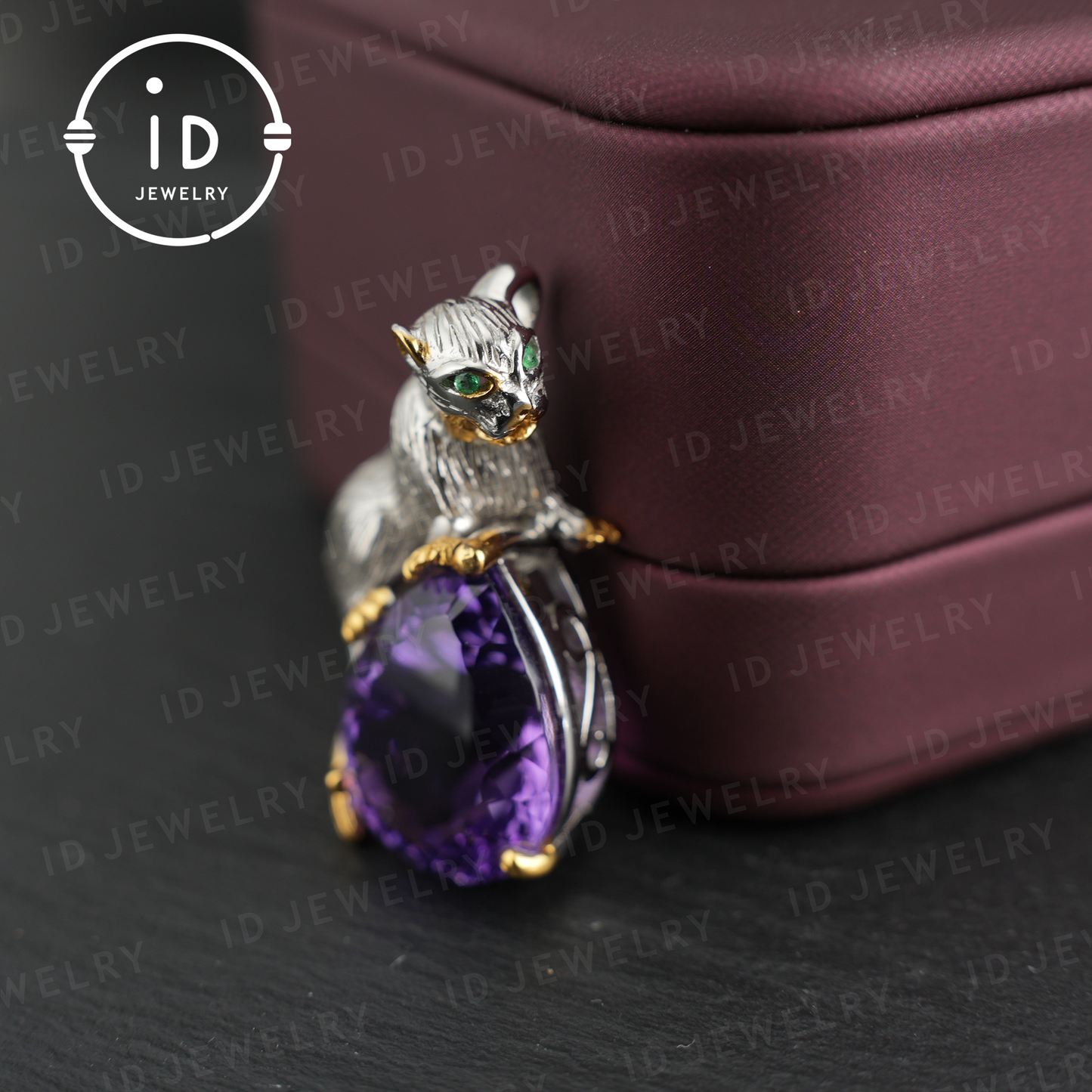Handgefertigter Katzenanhänger | Natürlicher Amethyst | Tierschmuck | Lila Edelsteinkette | Vergoldeter Schmuck | Einzigartiges Geschenk für Katzenliebhaber 