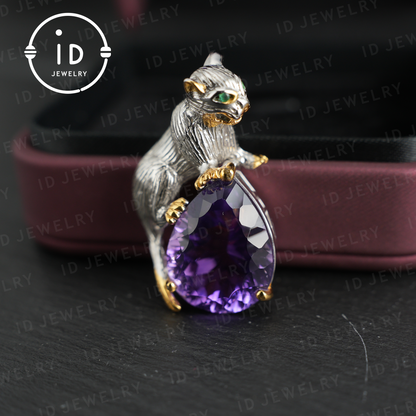 Handgefertigter Katzenanhänger | Natürlicher Amethyst | Tierschmuck | Lila Edelsteinkette | Vergoldeter Schmuck | Einzigartiges Geschenk für Katzenliebhaber 