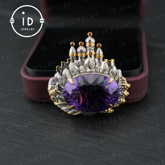 Königliche Amethyst-Brosche | Vintage-Statement-Schmuck | Handgefertigter Edelstein-Anhänger | Vergoldete Brosche | Elegantes Geschenk für Frauen 