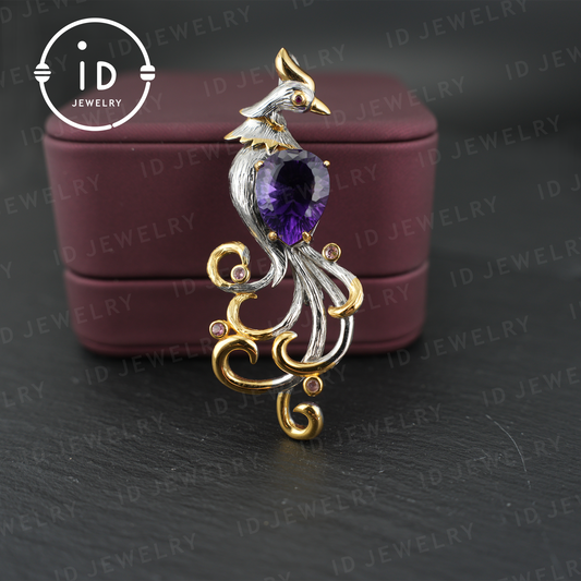 Phönix-Amethyst-Brosche | Vintage-Edelsteinschmuck | Handgefertigter vergoldeter Anhänger | Mystische Vogelbrosche | Elegantes Geschenk für Frauen 