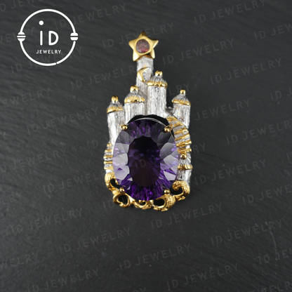 Märchenhafte Amethyst-Brosche | Vintage-Schloss-Anhänger | Handgefertigter Edelsteinschmuck | Vergoldete Statement-Brosche | Königliches Schmuckgeschenk für Frauen 