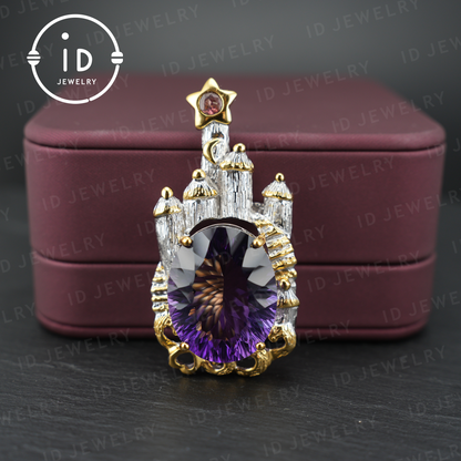 Märchenhafte Amethyst-Brosche | Vintage-Schloss-Anhänger | Handgefertigter Edelsteinschmuck | Vergoldete Statement-Brosche | Königliches Schmuckgeschenk für Frauen 