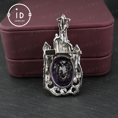 Märchenhafte Amethyst-Brosche | Vintage-Schloss-Anhänger | Handgefertigter Edelsteinschmuck | Vergoldete Statement-Brosche | Königliches Schmuckgeschenk für Frauen 