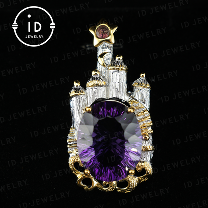 Märchenhafte Amethyst-Brosche | Vintage-Schloss-Anhänger | Handgefertigter Edelsteinschmuck | Vergoldete Statement-Brosche | Königliches Schmuckgeschenk für Frauen 