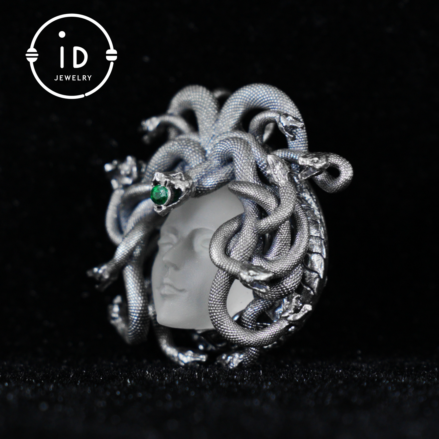 Sleeping Eye Pendant · Silver Medusa Jewelry · Closed-Eye Goddess Amulet with Quartz and Emerald
