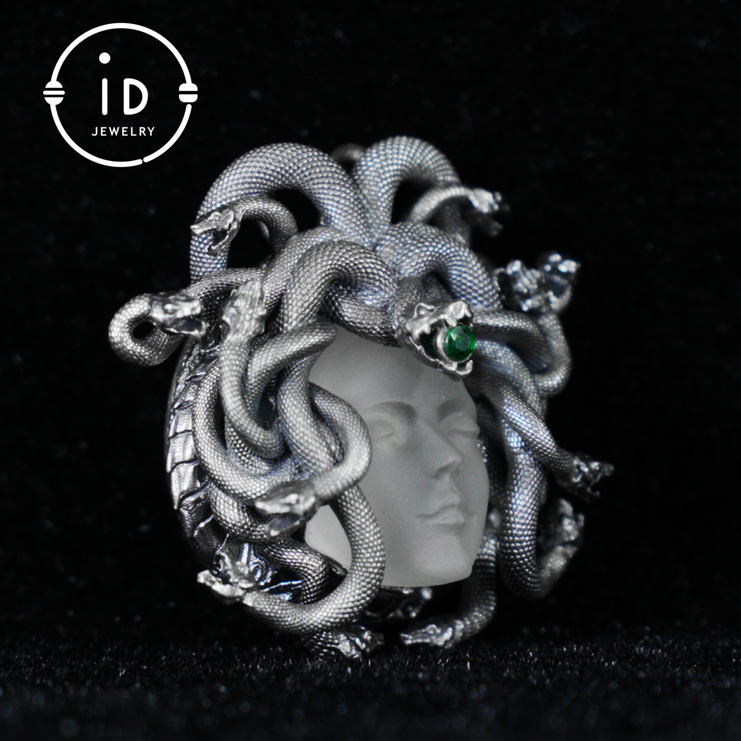 Sleeping Eye Pendant · Silver Medusa Jewelry · Closed-Eye Goddess Amulet with Quartz and Emerald