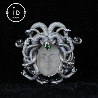Sleeping Eye Pendant · Silver Medusa Jewelry · Closed-Eye Goddess Amulet with Quartz and Emerald
