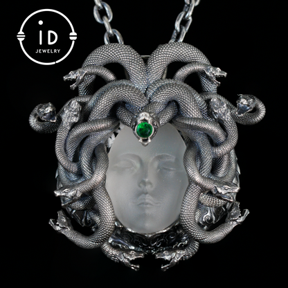 Sleeping Eye Pendant · Silver Medusa Jewelry · Closed-Eye Goddess Amulet with Quartz and Emerald