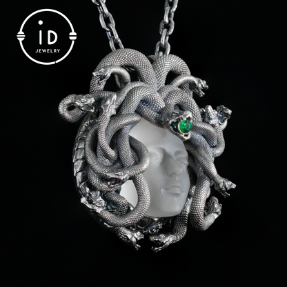 Sleeping Eye Pendant · Silver Medusa Jewelry · Closed-Eye Goddess Amulet with Quartz and Emerald