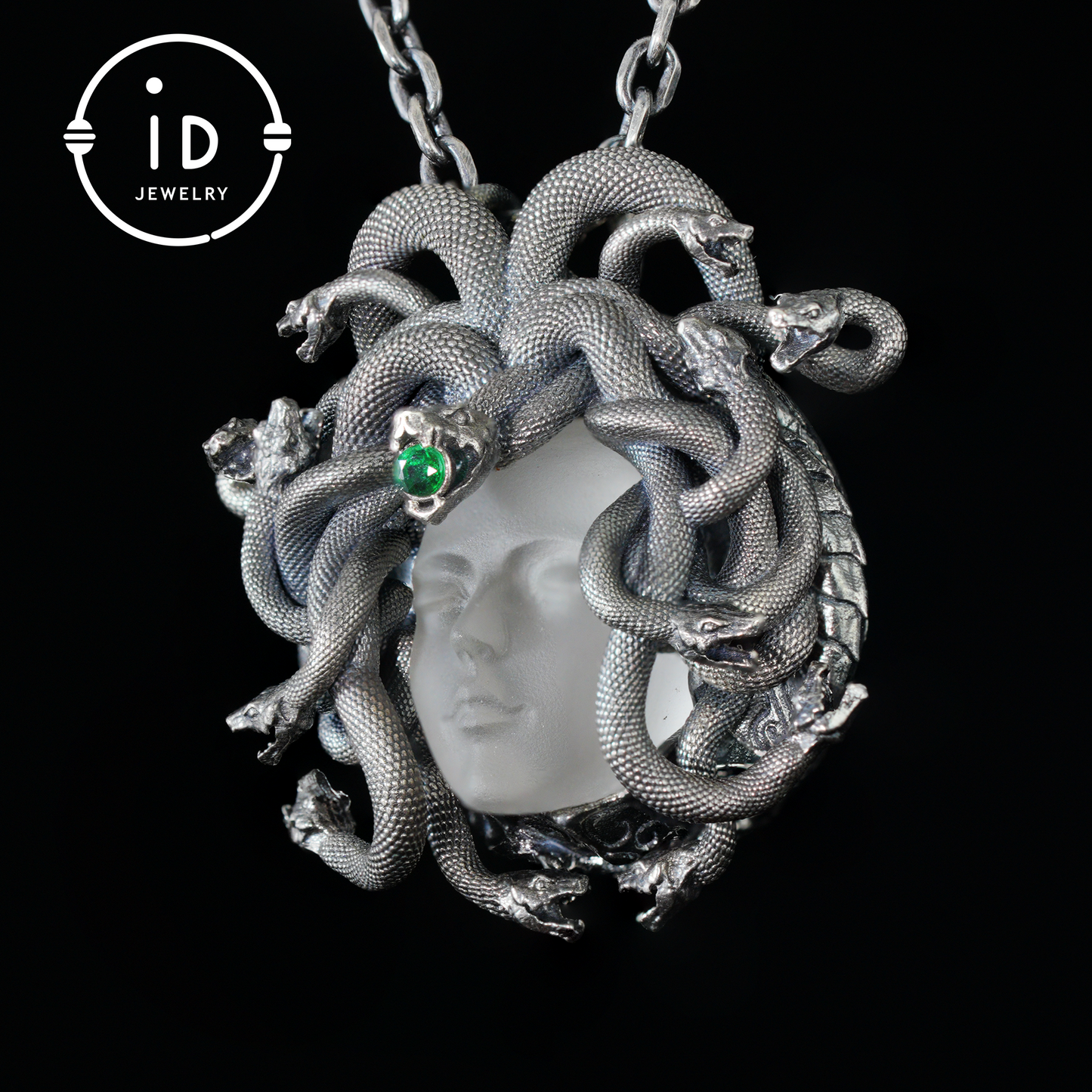 Sleeping Eye Pendant · Silver Medusa Jewelry · Closed-Eye Goddess Amulet with Quartz and Emerald
