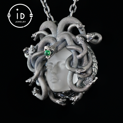 Sleeping Eye Pendant · Silver Medusa Jewelry · Closed-Eye Goddess Amulet with Quartz and Emerald