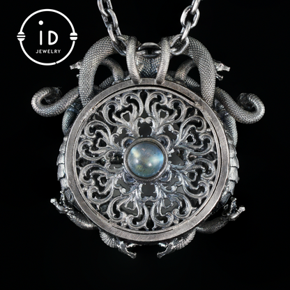 Sleeping Eye Pendant · Silver Medusa Jewelry · Closed-Eye Goddess Amulet with Quartz and Emerald