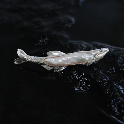 925 Silver Fish Brooch Pendant | Handmade Pearl Jewelry | Sapphire Eye Totem Gift for Her | Symbol of Resilience