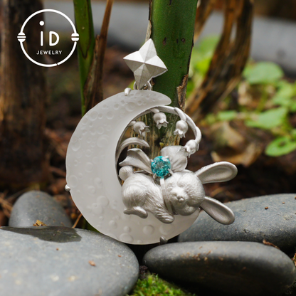 Blue Topaz Bunny and Moon Pendant in 925 Sterling Silver, Fairytale Animal Necklace for Women, Gift for Her Birthday or Mother's Day