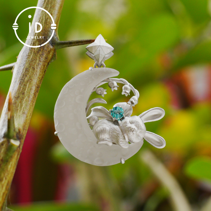 Blue Topaz Bunny and Moon Pendant in 925 Sterling Silver, Fairytale Animal Necklace for Women, Gift for Her Birthday or Mother's Day