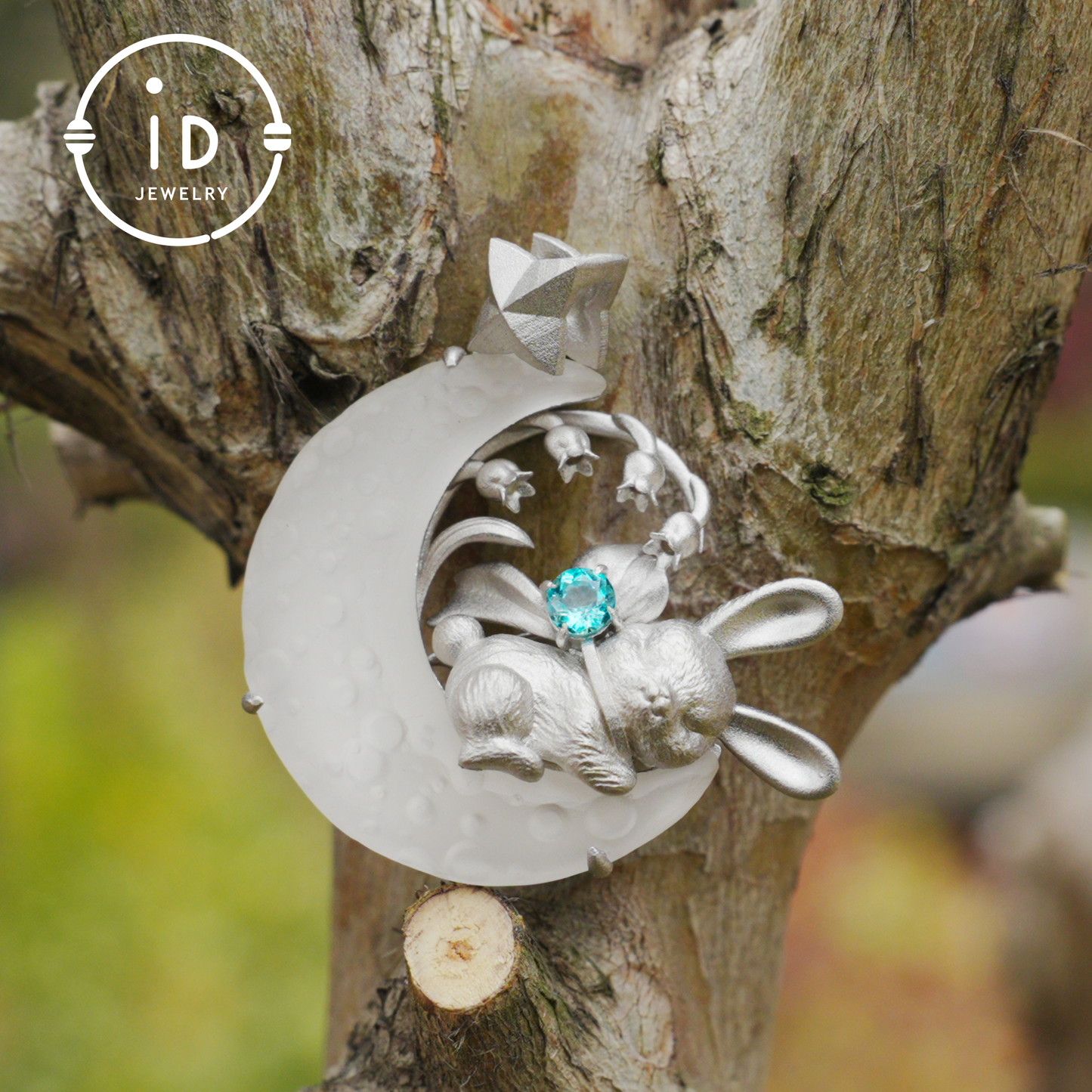 Blue Topaz Bunny and Moon Pendant in 925 Sterling Silver, Fairytale Animal Necklace for Women, Gift for Her Birthday or Mother's Day