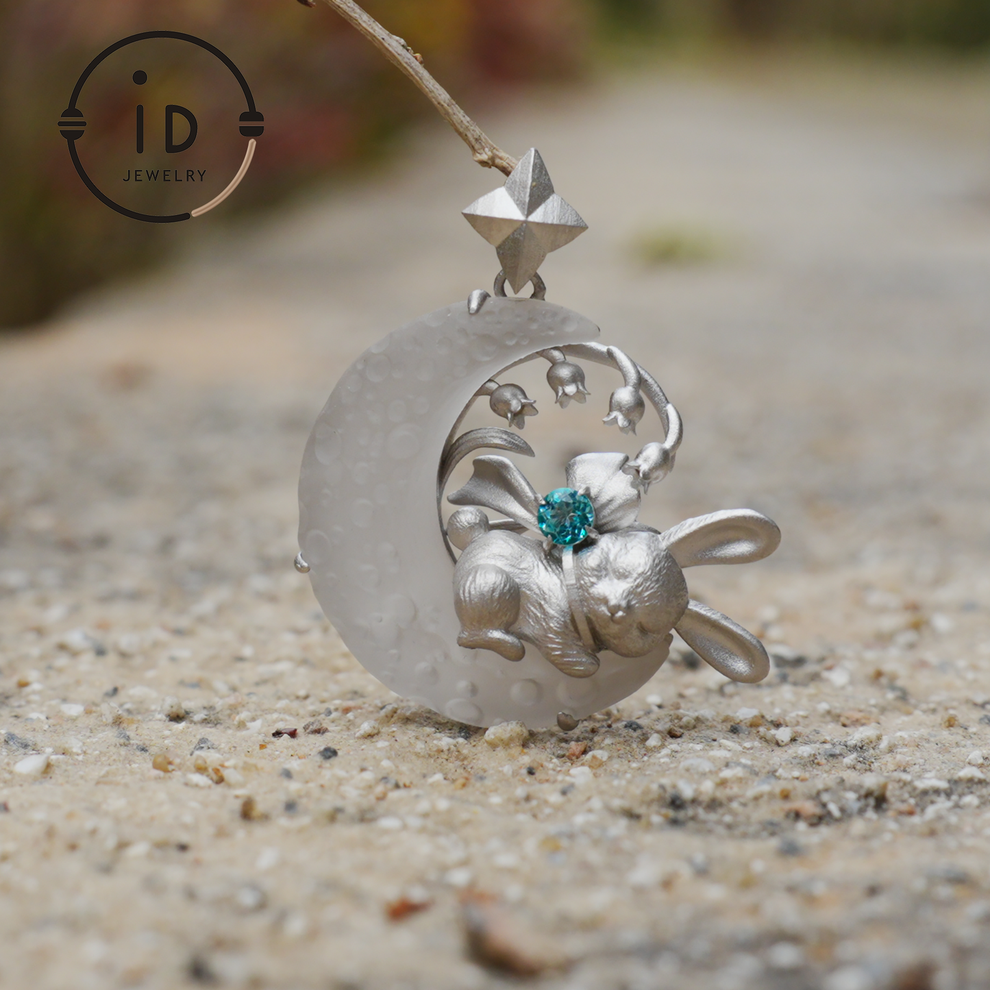Blue Topaz Bunny and Moon Pendant in 925 Sterling Silver, Fairytale Animal Necklace for Women, Gift for Her Birthday or Mother's Day