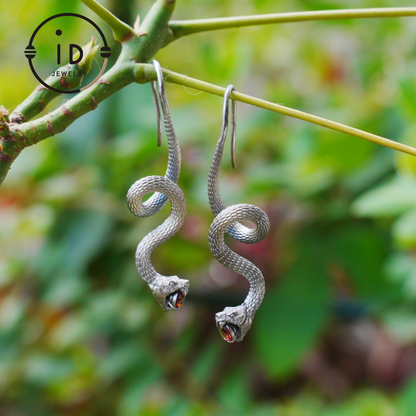Garnet Earrings Silver Snake Design Gothic Style 925 Sterling Silver Oxidized Hook Handmade Jewelry Gift For Her Birthday Vintage Statement