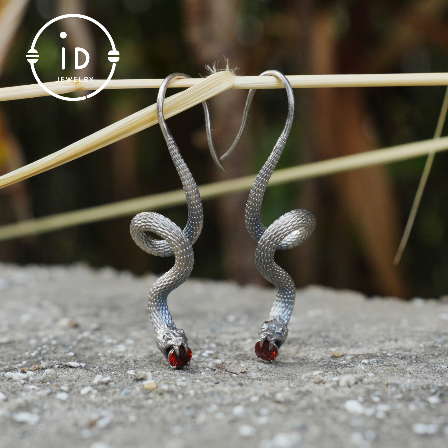 Garnet Earrings Silver Snake Design Gothic Style 925 Sterling Silver Oxidized Hook Handmade Jewelry Gift For Her Birthday Vintage Statement
