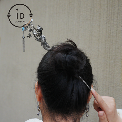S925 Silver Snake Hair Stick with Blue Gemstone, Oxidized Floral Hairpin Symbolizing Wisdom and Rebirth, Mythical Gift for Her