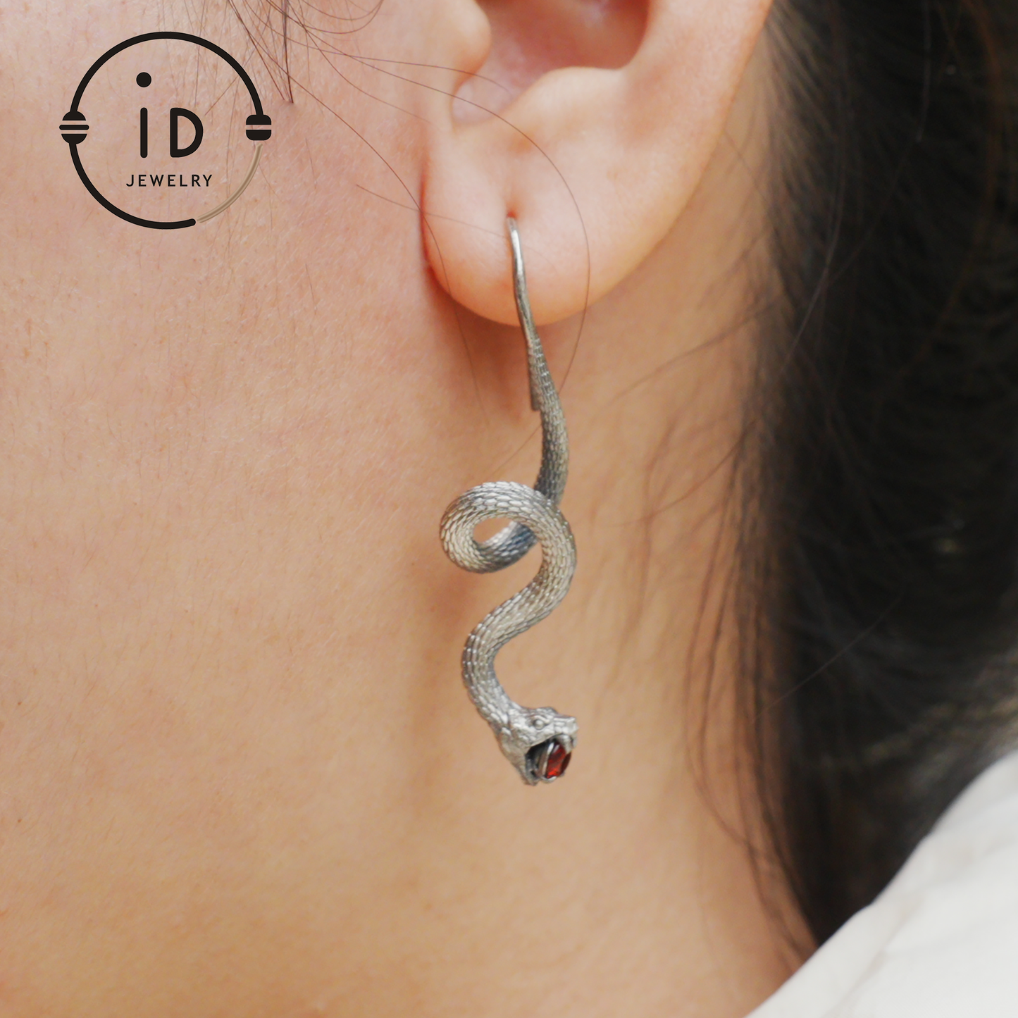 Garnet Earrings Silver Snake Design Gothic Style 925 Sterling Silver Oxidized Hook Handmade Jewelry Gift For Her Birthday Vintage Statement