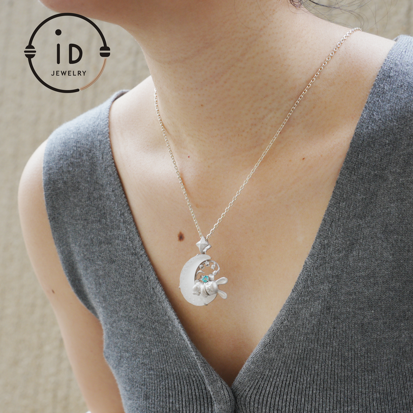Blue Topaz Bunny and Moon Pendant in 925 Sterling Silver, Fairytale Animal Necklace for Women, Gift for Her Birthday or Mother's Day