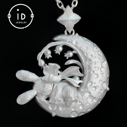 Blue Topaz Bunny and Moon Pendant in 925 Sterling Silver, Fairytale Animal Necklace for Women, Gift for Her Birthday or Mother's Day