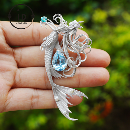 Handmade Mermaid Pendant Necklace | 925 Sterling Silver with Blue Topaz, Zircon & Freshwater Pearls | Fairytale Ocean Jewelry Gift for Her