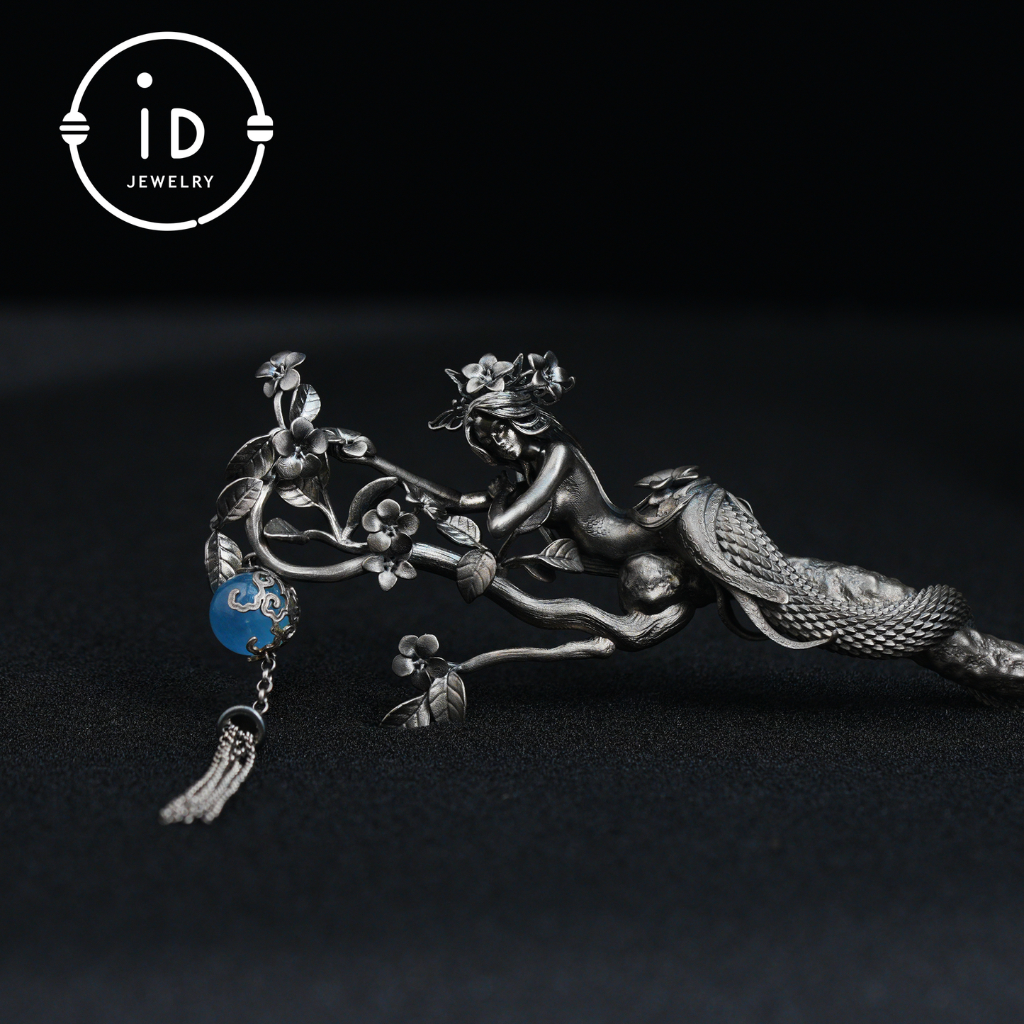 S925 Silver Snake Hair Stick with Blue Gemstone, Oxidized Floral Hairpin Symbolizing Wisdom and Rebirth, Mythical Gift for Her