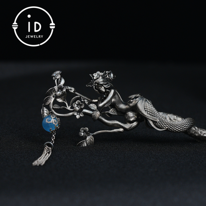 S925 Silver Snake Hair Stick with Blue Gemstone, Oxidized Floral Hairpin Symbolizing Wisdom and Rebirth, Mythical Gift for Her