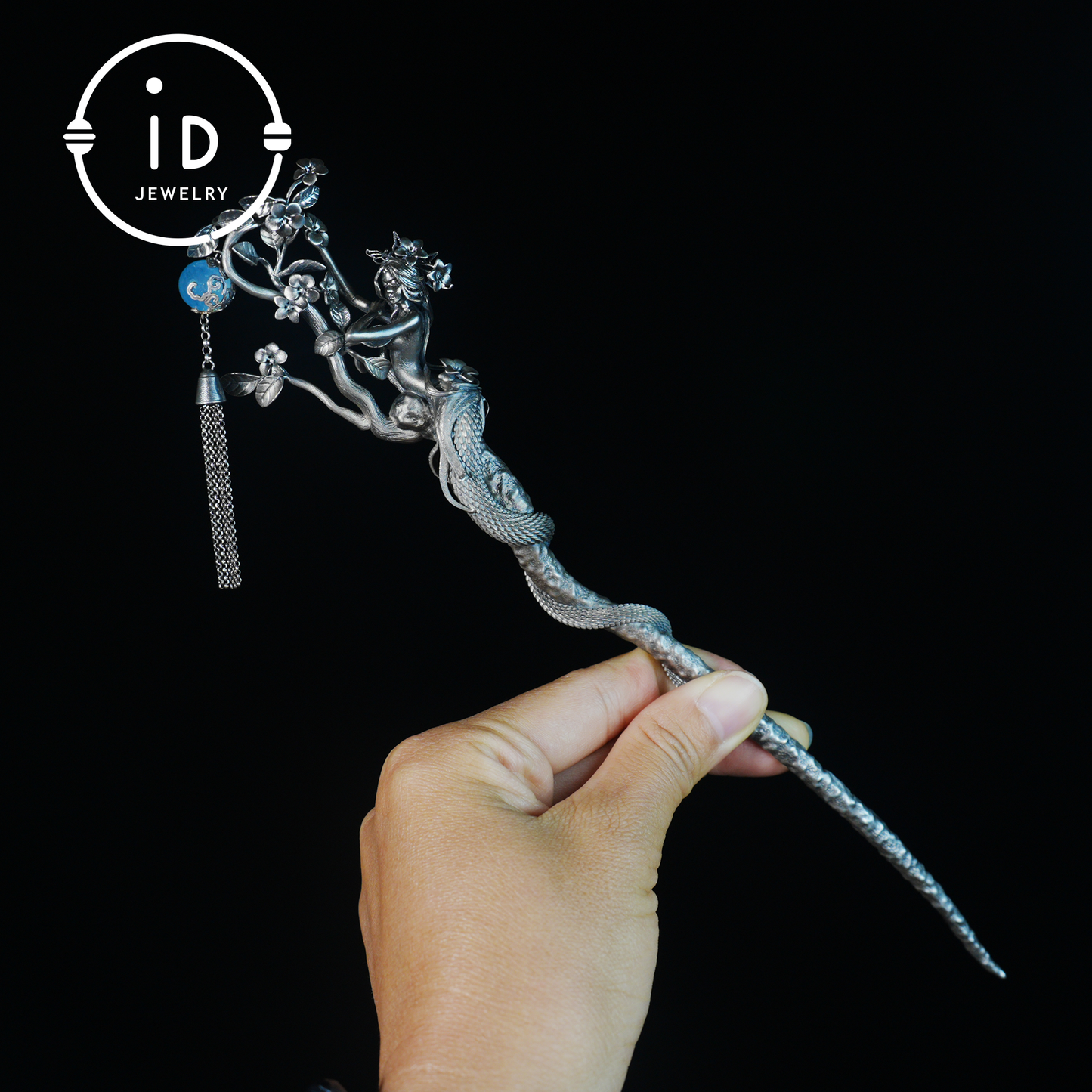 S925 Silver Snake Hair Stick with Blue Gemstone, Oxidized Floral Hairpin Symbolizing Wisdom and Rebirth, Mythical Gift for Her