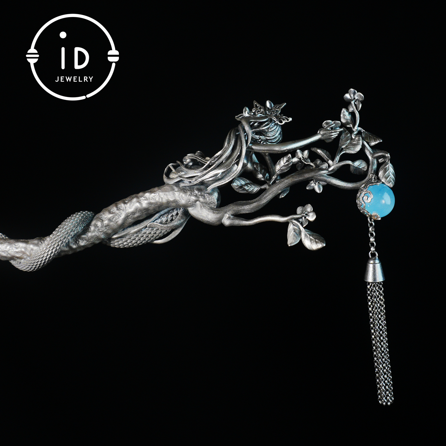 S925 Silver Snake Hair Stick with Blue Gemstone, Oxidized Floral Hairpin Symbolizing Wisdom and Rebirth, Mythical Gift for Her