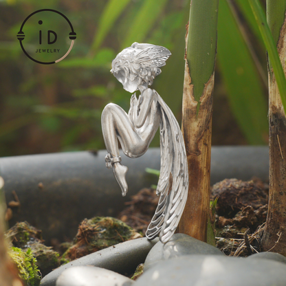 S925 Silver Elf Pendant Necklace with White Crystal, Gothic Vintage Fairy Tale Jewelry Fantasy Talisman Amulet Gift for Her Birthday or Yule