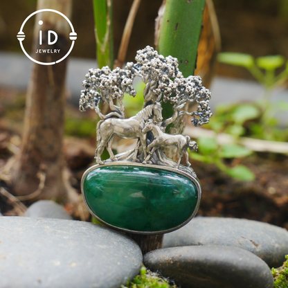 S925 Sterling Silver Pendant with Mare and Foal on African Green Stone, Fairy Talisman Necklace Vintage Gift for Her Birthday